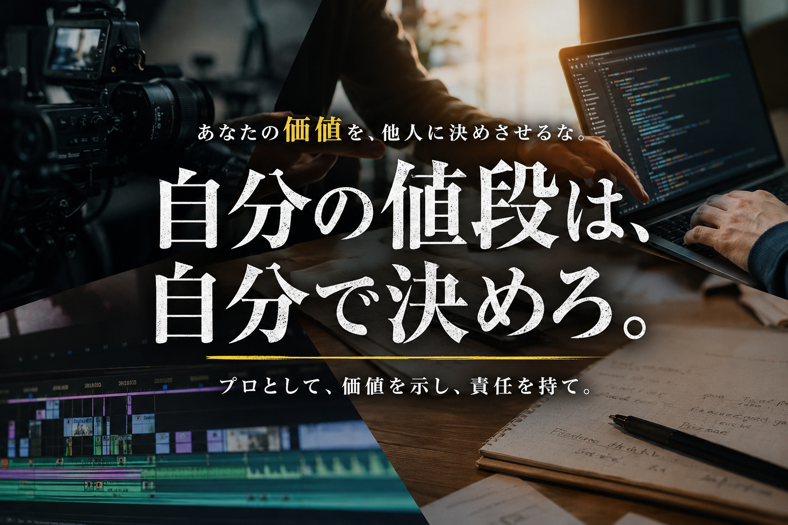 映像制作やプログラミングの仕事を背景に、自分の価値を自分で決める大切さを伝えるビジュアル